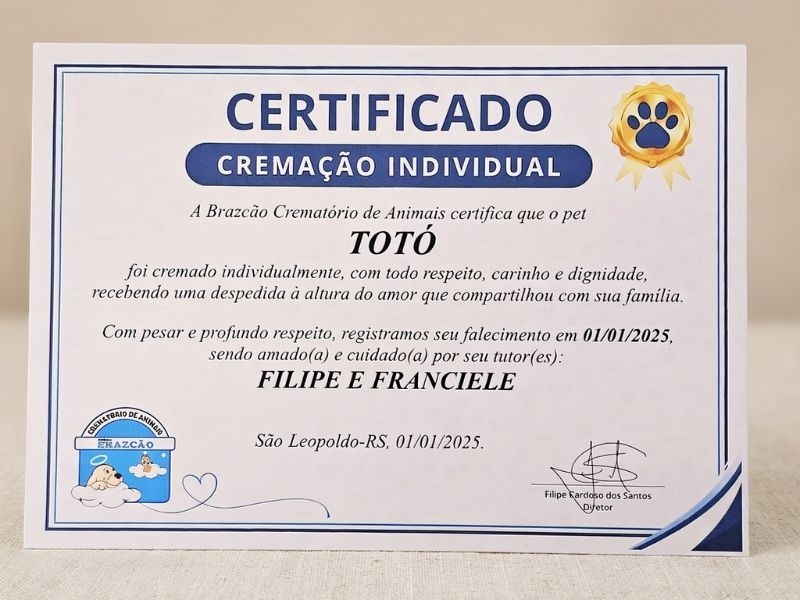 Certificado Cremação Pet
